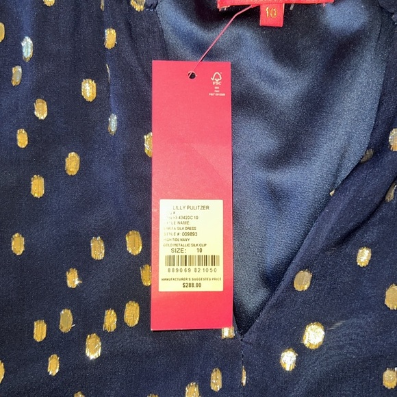 Lilly Pulitzer Sarita Silk Dress Navy Gold Metallic Silk Clip Size 10 - Picture 7 of 14